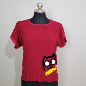 Meow red teeshirt with chenille cat patch